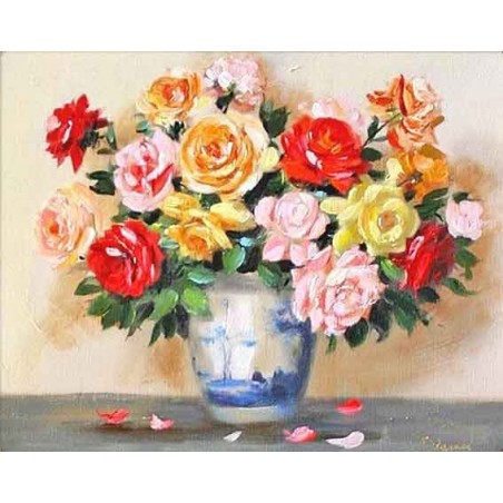  Obraz olejny ręcznie malowany 40x50cm Barwne róże w wazonie