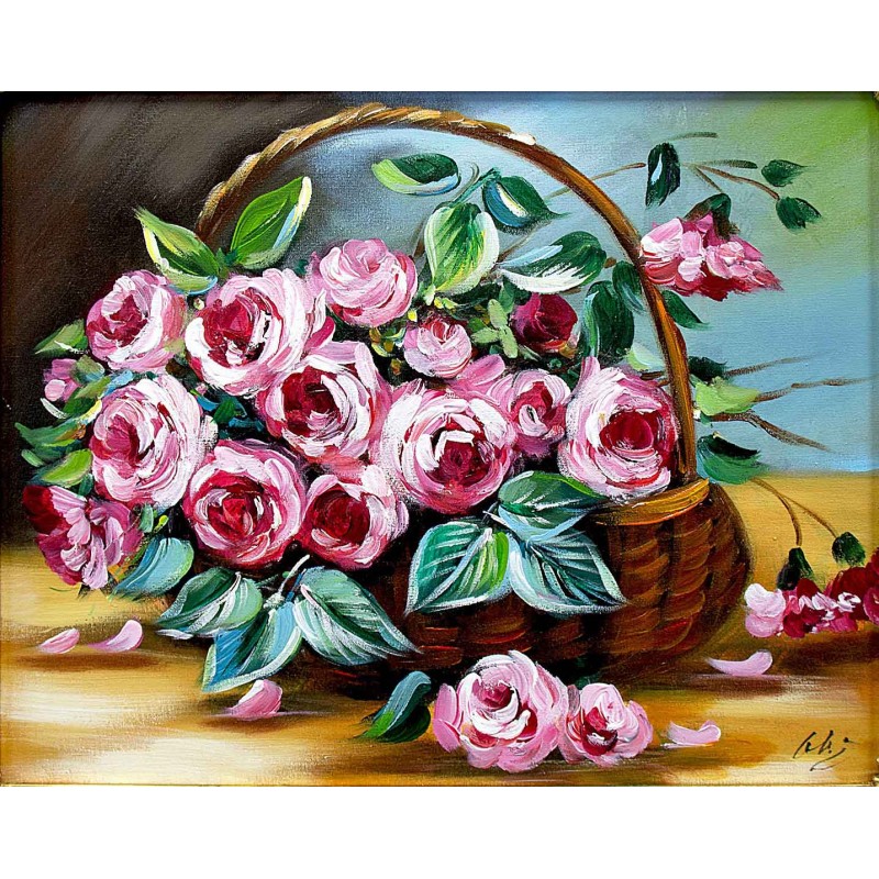  Obraz olejny ręcznie malowany 40x50cm Różany bukiet kwiatów w koszyku