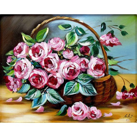  Obraz olejny ręcznie malowany 40x50cm Różany bukiet kwiatów w koszyku