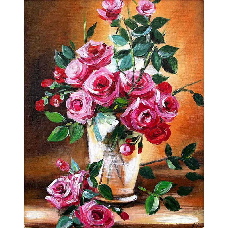 Obraz z różami w wazonie malowany 40x50cm