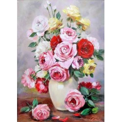  Obraz olejny ręcznie malowany 50x70cm Barwne róże w wazonie