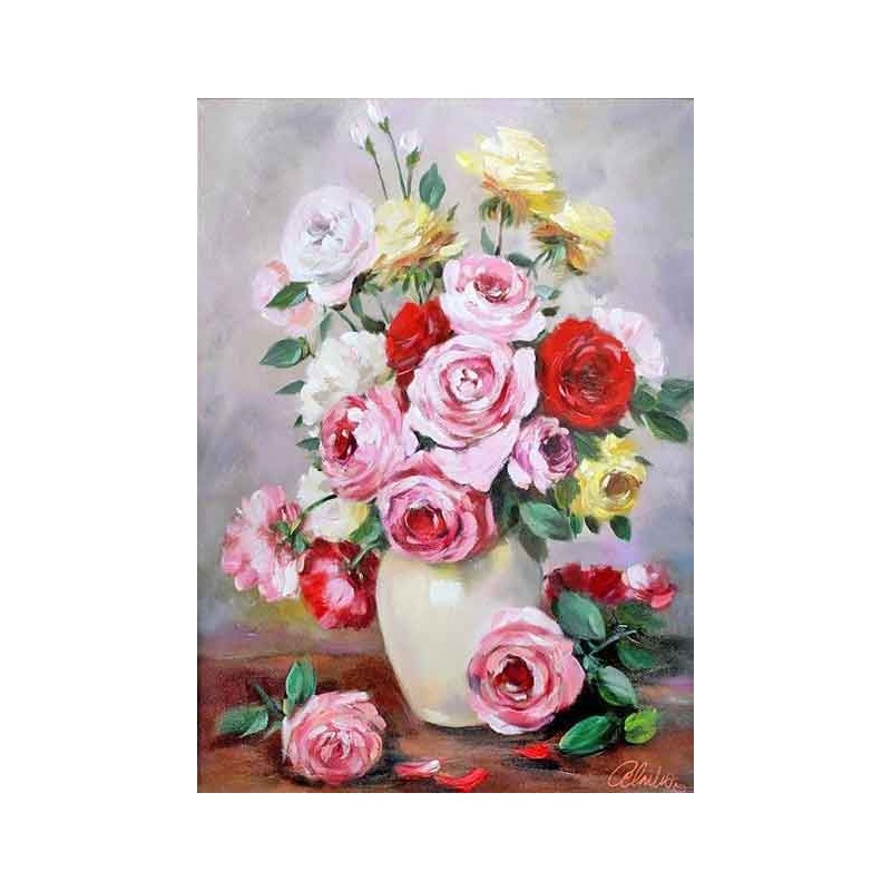  Obraz olejny ręcznie malowany 50x70cm Barwne róże w wazonie