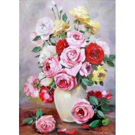  Obraz olejny ręcznie malowany 50x70cm Barwne róże w wazonie