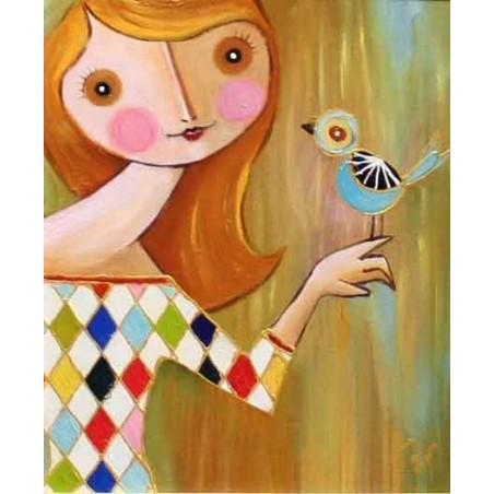  Obraz ręcznie malowany na płótnie 40x50cm Pani z ptaszkiem