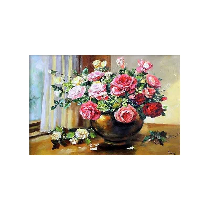  Obraz olejny ręcznie malowany 60x90cm Bukiet róż w wazonie