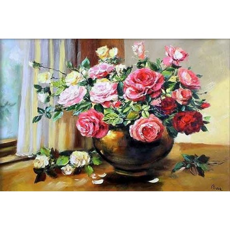  Obraz olejny ręcznie malowany 60x90cm Bukiet róż w wazonie