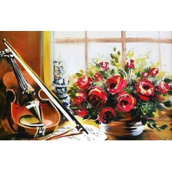  Obraz olejny ręcznie malowany Kwiaty 60x90cm Róże i skrzypce na stoliku