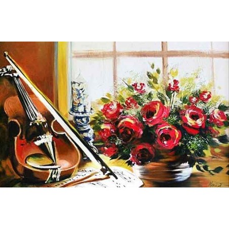  Obraz olejny ręcznie malowany Kwiaty 60x90cm Róże i skrzypce na stoliku