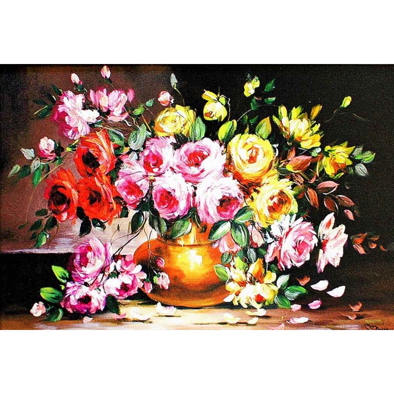  Obraz olejny ręcznie malowany Kwiaty 60x90cm Bajkowe róże w wazonie