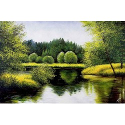  Obraz olejny ręcznie malowany Pejzaż 60x90cm Zielona łąka nad stawem