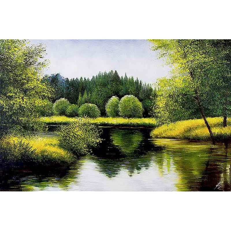 Obraz olejny ręcznie malowany Pejzaż 60x90cm Zielona łąka nad stawem