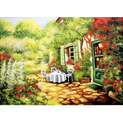  Obraz ręcznie malowany 50x70cm Śniadanie w ogrodzie