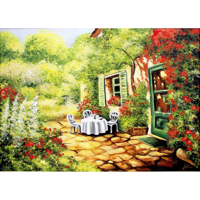  Obraz ręcznie malowany 50x70cm Śniadanie w ogrodzie