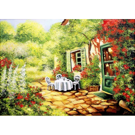  Obraz ręcznie malowany 50x70cm Śniadanie w ogrodzie