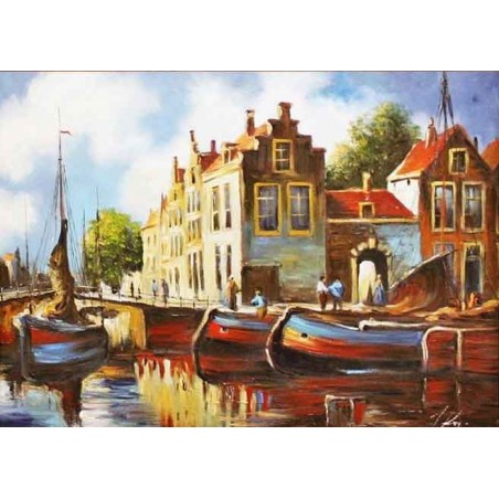  Obraz olejny ręcznie malowany 50x70cm Łodzie na przystani