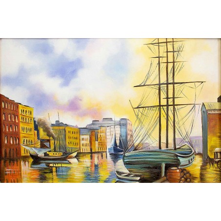  Obraz olejny ręcznie malowany Statki w porcie 60x90cm