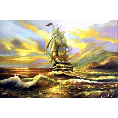  Obraz olejny ręcznie malowany Statek na morzu 60x90cm
