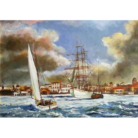 Obraz olejny ręcznie malowany Statki na morzu 50x70cm