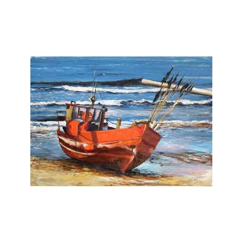 Obraz olejny ręcznie malowany Łódka na plaży 50x70cm
