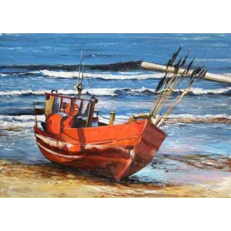  Obraz olejny ręcznie malowany Łódka na plaży 50x70cm