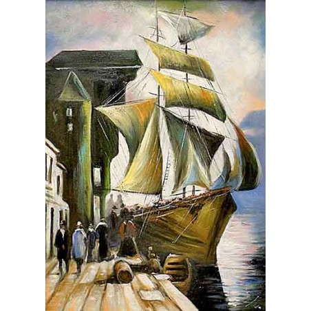  Obraz ręcznie malowany Żaglowiec w porcie 50x70cm