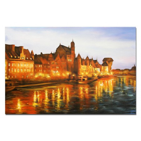  Obraz olejny ręcznie malowany 60x90cm Ciepłe światło miasta Gdańsk