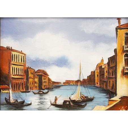  Obraz olejny ręcznie malowany 50x60cm Łodzie i kamienice w Wenecji