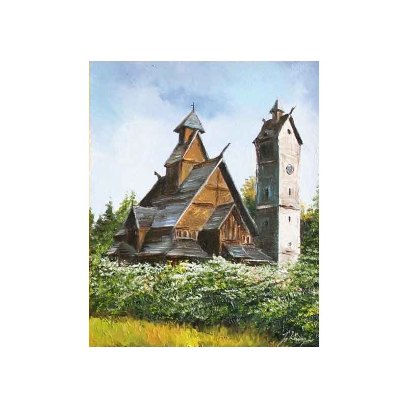  Obraz olejny ręcznie malowany 50x60cm Stara świątynia Wang w Karpaczu