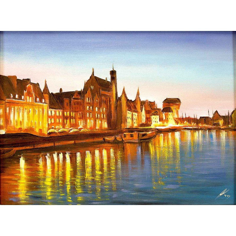  Obraz olejny ręcznie malowany 60x90cm Gdańsk o zachodzie słońca
