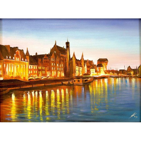  Obraz olejny ręcznie malowany 60x90cm Gdańsk o zachodzie słońca