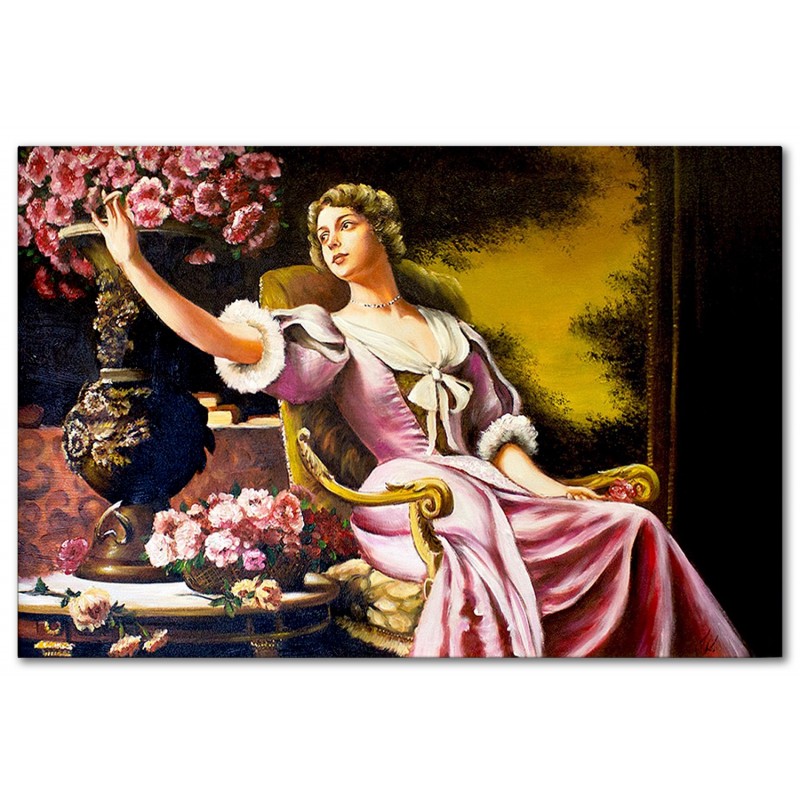 Obraz malowany Władysław Czachórski Dama w liliowej sukni z kwiatami 80x120cm