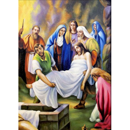  Obraz ręcznie malowany 50x70cm Droga Krzyżowa Stacja XIV Ciało Jezusa złożone do grobu