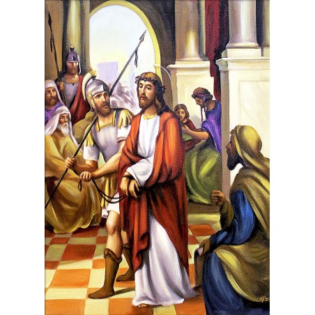  Obraz ręcznie malowany 50x70cm Droga Krzyżowa Stacja I Jezus skazany na śmierć