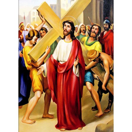  Obraz ręcznie malowany 50x70cm Droga Krzyżowa Stacja II Jezus bierze krzyż na swoje ramiona