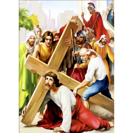  Obraz ręcznie malowany 50x70cm Droga Krzyżowa Stacja III Jezus upada pod krzyżem po raz pierwszy