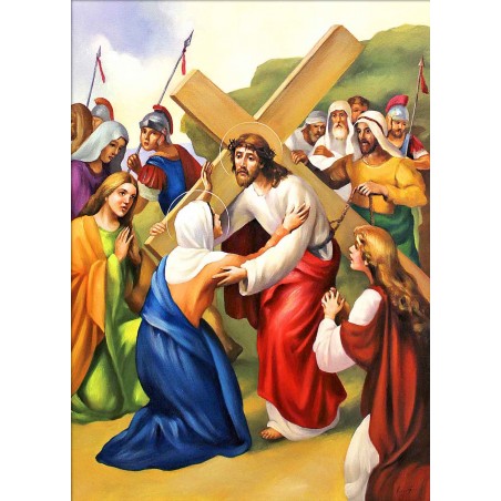  Obraz ręcznie malowany 50x70cm Droga Krzyżowa Stacja IV Jezus spotyka swoją Matkę