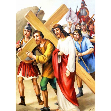  Obraz ręcznie malowany 50x70cm Droga Krzyżowa Stacja V Szymon Cyrenejczyk pomaga nieść krzyż Jezusowi