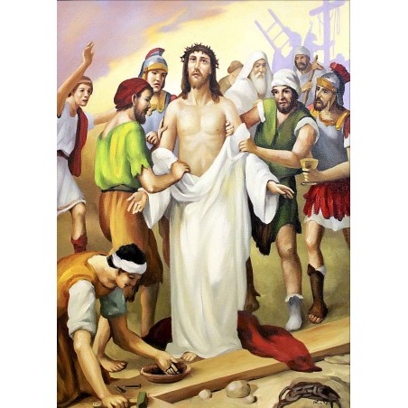 Obraz ręcznie malowany 50x70cm Droga Krzyżowa Stacja X Jezus odarty z szat