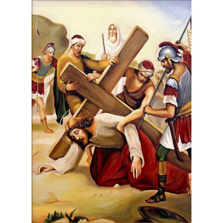  Obraz ręcznie malowany 50x70cm Droga Krzyżowa Stacja VII Jezus upada pod krzyżem po raz drugi