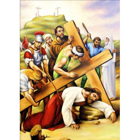  Obraz ręcznie malowany 50x70cm Droga Krzyżowa Stacja IX Jezus upada pod krzyżem po raz trzeci