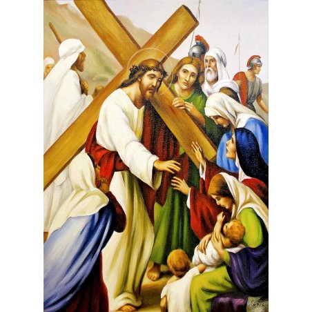  Obraz ręcznie malowany 50x70cm Droga Krzyżowa Stacja VIII Jezus pociesza niewiasty Jerozolimskie