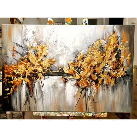  Obraz ręcznie malowany z elementami płatków złota Mgła 60x90cm