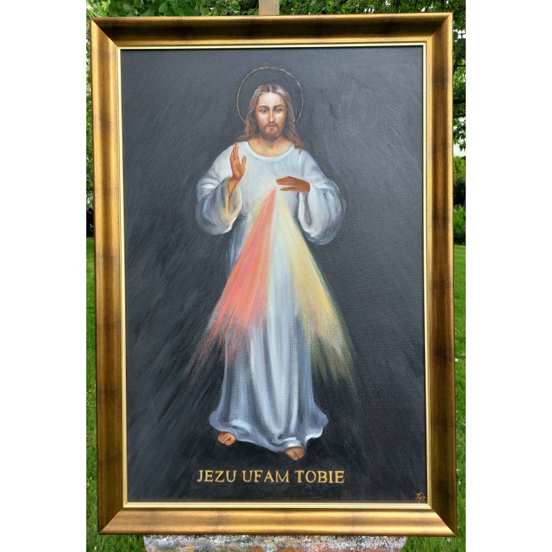  Obraz ręcznie malowany z Jezusem Chrystusem Jezu Ufam Tobie 70x100 cm Jezus Wileński w ramie D970zmd