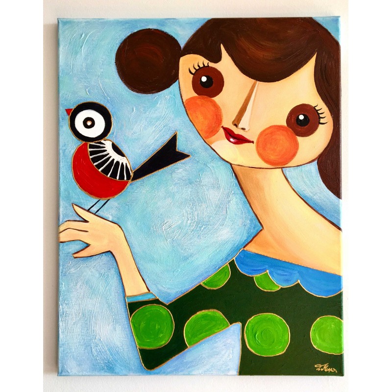  Obraz ręcznie malowany na płótnie 40x50cm Pani z ptaszkiem