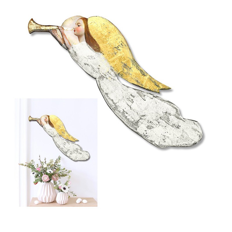  Aniołek do powieszenia na ścianie drewniany malowany biały złoty 72x20cm