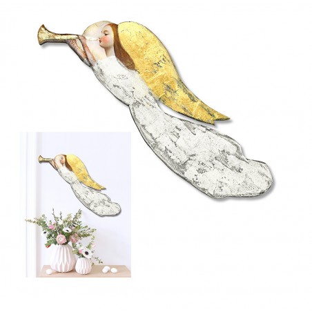  Aniołek do powieszenia na ścianie drewniany malowany biały złoty 72x20cm
