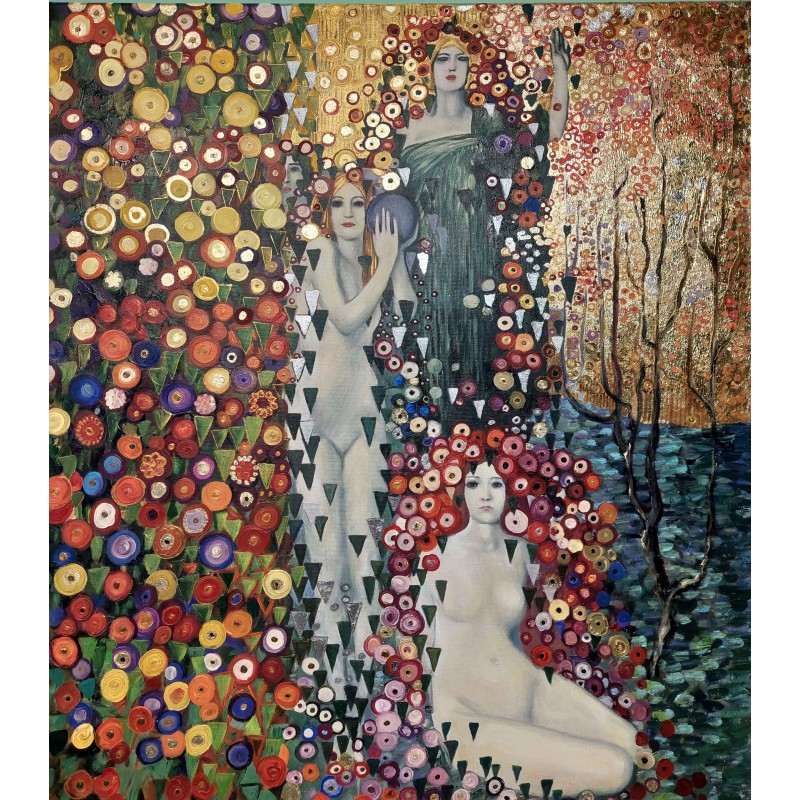  Obraz ręcznie malowany z elementami płatków złota 80x90cm Galileo Chini Życie i animacja łąk 1914