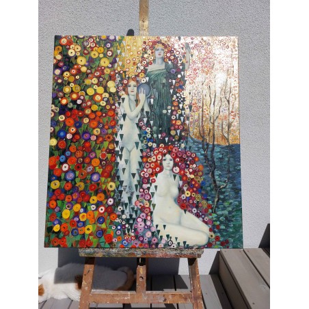 Obraz ręcznie malowany z elementami płatków złota 80x90cm Galileo Chini Życie i animacja łąk 1914