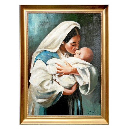  Obraz ręcznie malowany z Matką Boską z dzieciątkiem 40x50 cm Morgan Weistling Całując oblicze Boga