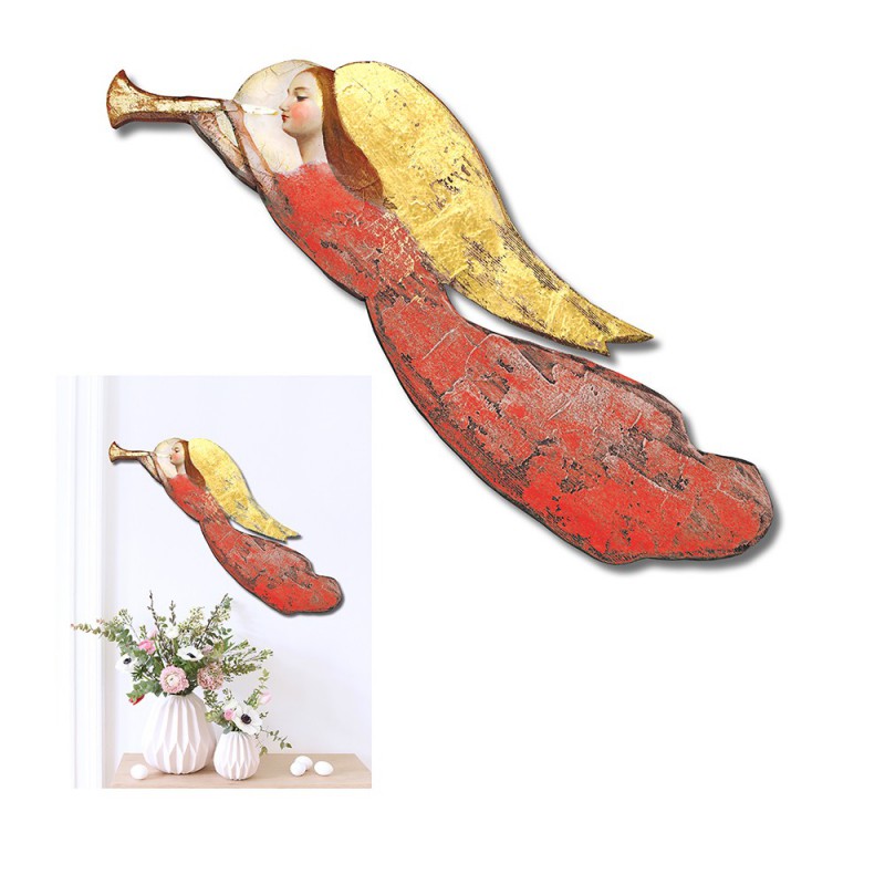  Aniołek do powieszenia na ścianie drewniany 72x20cm ręcznie malowany czerwony